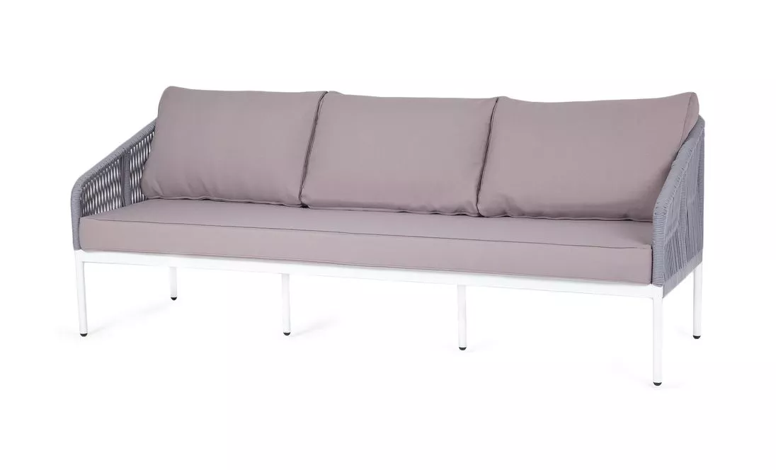 "Канны" диван 3-местный плетеный из роупа, каркас алюминий белый шагрень, роуп светло-серый круглый, ткань Neo ash