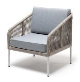 "Канны" кресло плетеное из роупа, каркас алюминий светло-серый (RAL7035) шагрень, роуп серый меланж круглый, ткань светло-серая