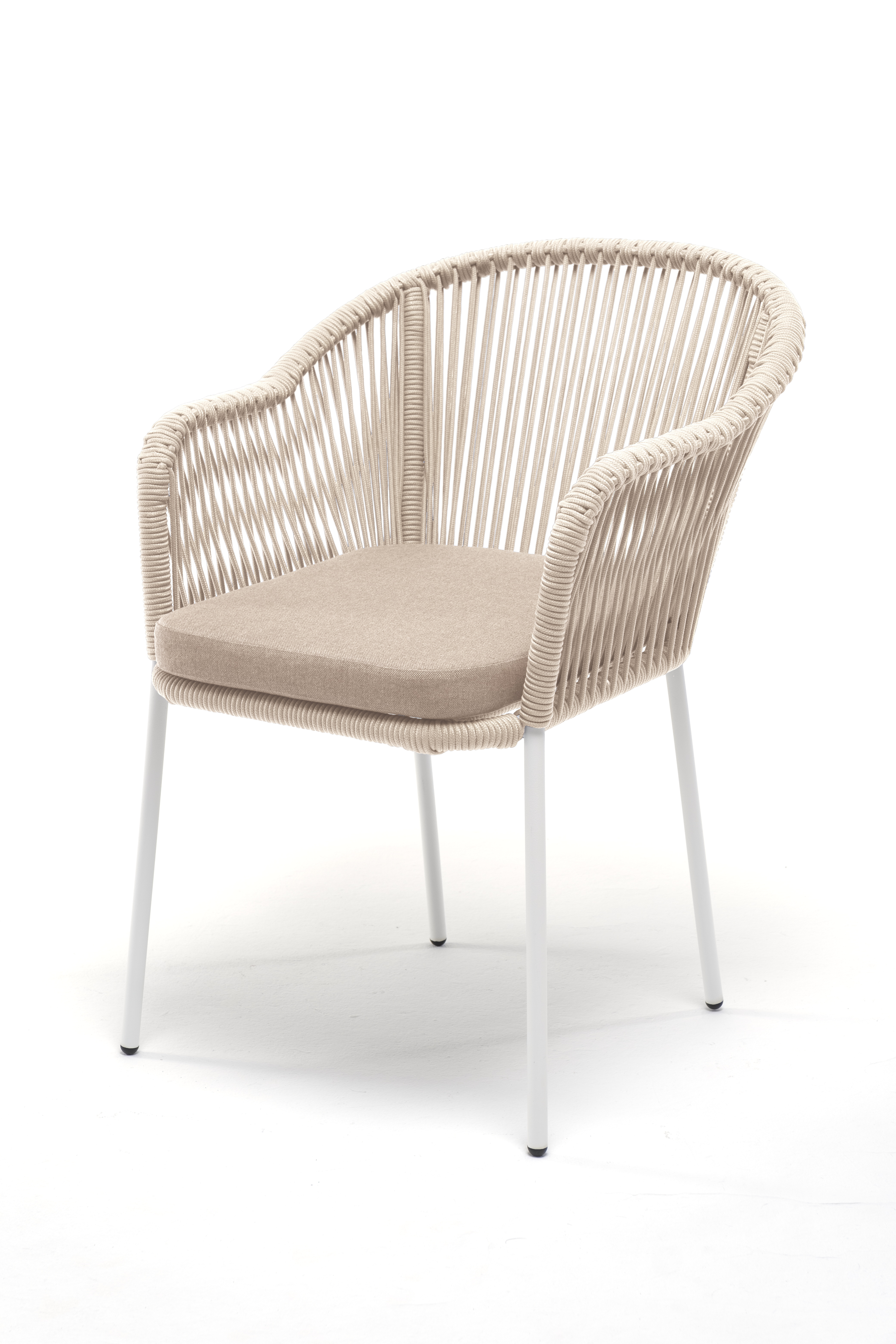 "Лион" плетеный стул из роупа, каркас стальной белый, роуп бежевый, ткань бежевая
