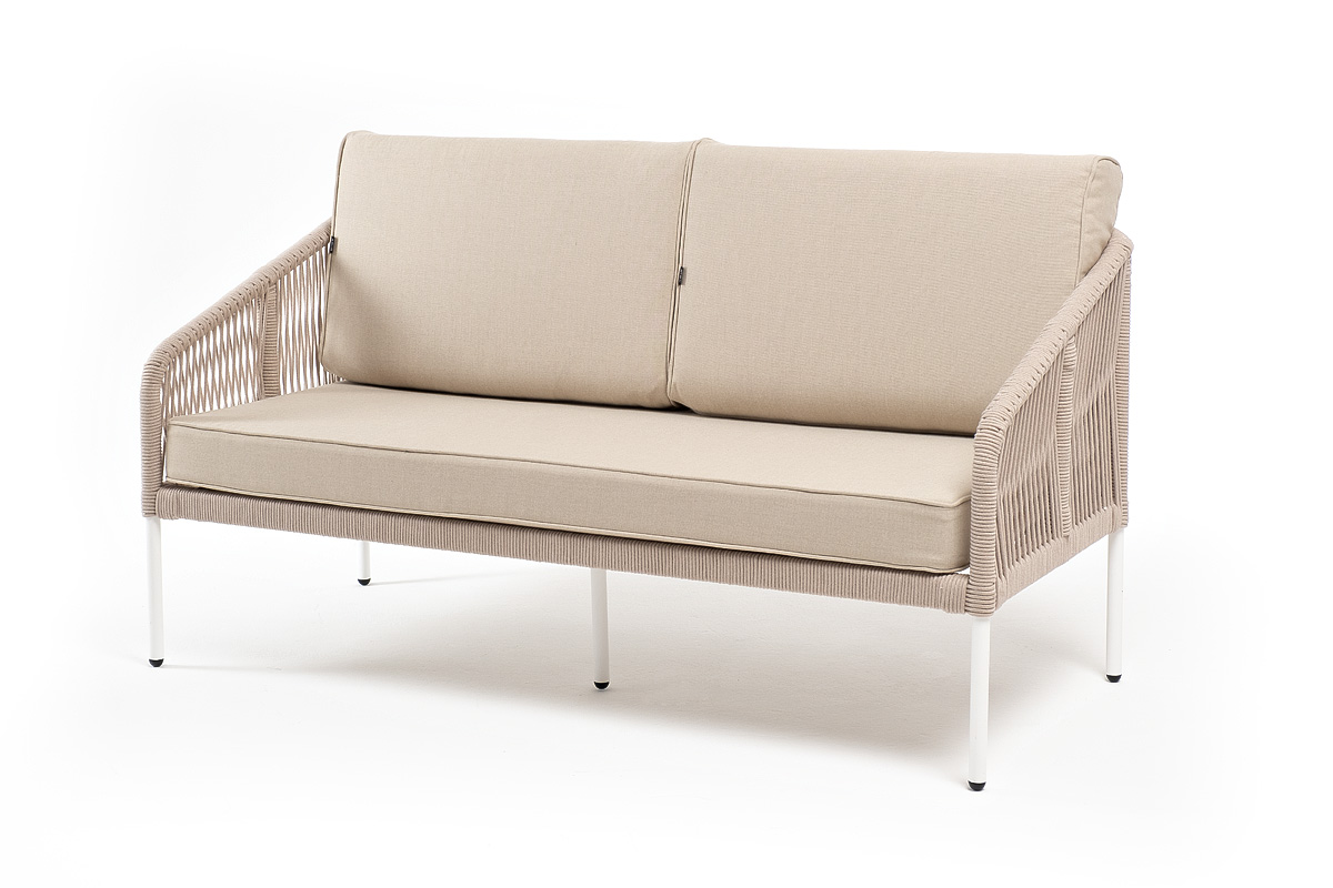 "Канны" диван плетеный из роупа 2-местный, каркас алюминий белый, роуп бежевый, ткань бежевая
