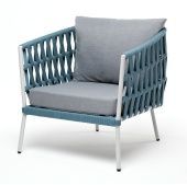 "Диего" кресло плетеное из роупа, каркас алюминий светло-серый (RAL7035) шагрень, роуп бирюзовый круглый, ткань светло-серая