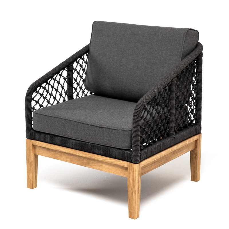 "Канны" кресло плетеное из роупа (узелки), основание дуб, роуп темно-серый круглый, ткань серая