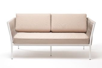 "Касабланка" диван 2-местный плетеный из роупа, каркас алюминий белый муар, роуп бежевый 20мм, ткань бежевая 035