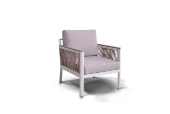 "Сан Ремо" кресло плетеное из роупа садовое, каркас алюминий белый, роуп бежевый, ткань бежевая