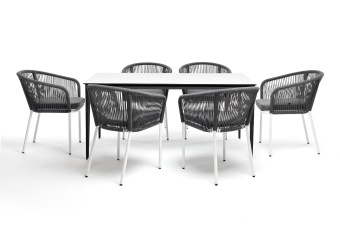 "Малага" обеденная группа на 6 персон со стульями "Марсель", каркас белый, роуп серый