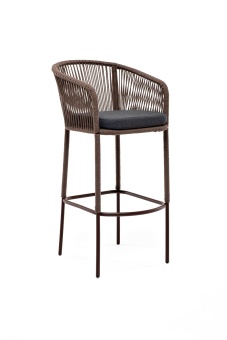 "Марсель" стул барный плетеный из роупа, каркас из стали коричневый (RAL8016) муар, роуп коричневый круглый, ткань темно-серая
