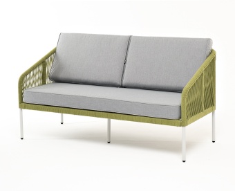 "Канны" диван 2-местный плетеный из роупа, каркас алюминий светло-серый (RAL7035) шагрень, роуп салатовый круглый, ткань светло-серая