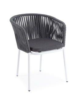 "Бордо" стул плетеный из роупа, каркас алюминий белый шагрень, роуп серый 15мм, ткань серая