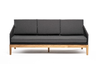 "Канны" диван 3-местный плетеный из роупа, основание дуб, роуп темно-серый круглый, ткань темно-серая