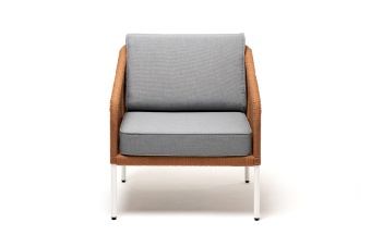 "Канны" кресло плетеное из роупа, каркас алюминий светло-серый (RAL7035) шагрень, роуп оранжевый меланж круглый, ткань светло-серая