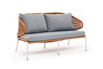 "Милан" диван 2-местный плетеный из роупа, каркас алюминий светло-серый (RAL7035) шагрень, роуп оранжевый меланж круглый, ткань светло-серая