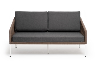 "Канны" диван 2-местный плетеный из роупа, каркас алюминий белый, роуп коричневый круглый, ткань серая