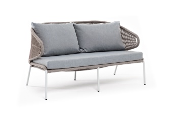"Милан" диван 2-местный плетеный из роупа, каркас алюминий светло-серый (RAL7035) шагрень, роуп серый меланж круглый, ткань светло-серая