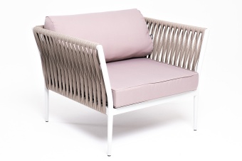 "Касабланка" кресло плетеное из роупа, каркас алюминий светло-серый (RAL7035) шагрень, роуп серо-коричневый 23мм, ткань Savana ivory