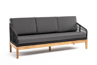 "Канны" диван 3-местный плетеный из роупа, основание дуб, роуп темно-серый круглый, ткань темно-серая