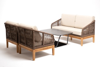 "Канны" диван 2-местный плетеный из роупа, основание дуб, роуп коричневый круглый, ткань бежевая