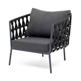 "Диего" кресло плетеное из роупа, каркас алюминиевый серый, роуп темно-серый, ткань темно-серая