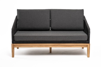 "Канны" диван 2-местный плетеный из роупа, основание дуб, роуп темно-серый круглый, ткань темно-серая