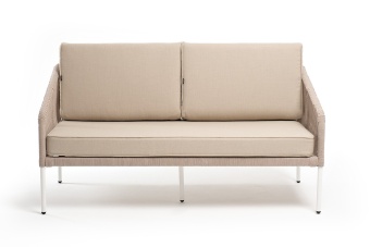 "Канны" диван 2-местный плетеный из роупа, каркас алюминий белый, роуп бежевый круглый, ткань бежевая