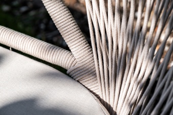 "Милан" стул плетеный из роупа, каркас алюминий белый шагрень, роуп бежевый круглый, ткань бежевая