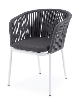"Бордо" стул плетеный из роупа, каркас алюминий белый шагрень, роуп серый 15мм, ткань серая