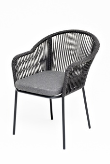 "Лион" стул плетеный из роупа, каркас из стали темно-серый (RAL7024) шагрень, роуп темно-серый круглый, ткань серая
