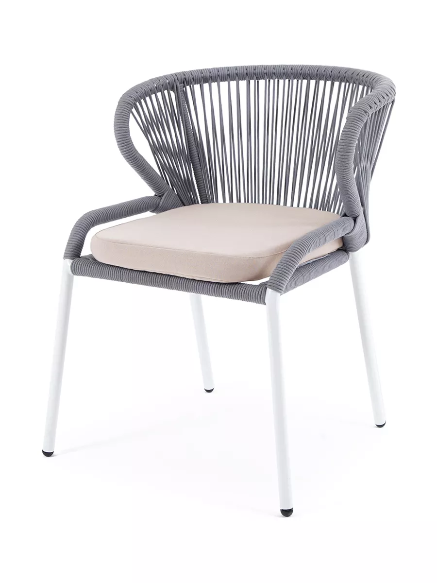 "Милан" стул плетеный из роупа, каркас алюминий белый шагрень, роуп светло-серый круглый, ткань бежевая