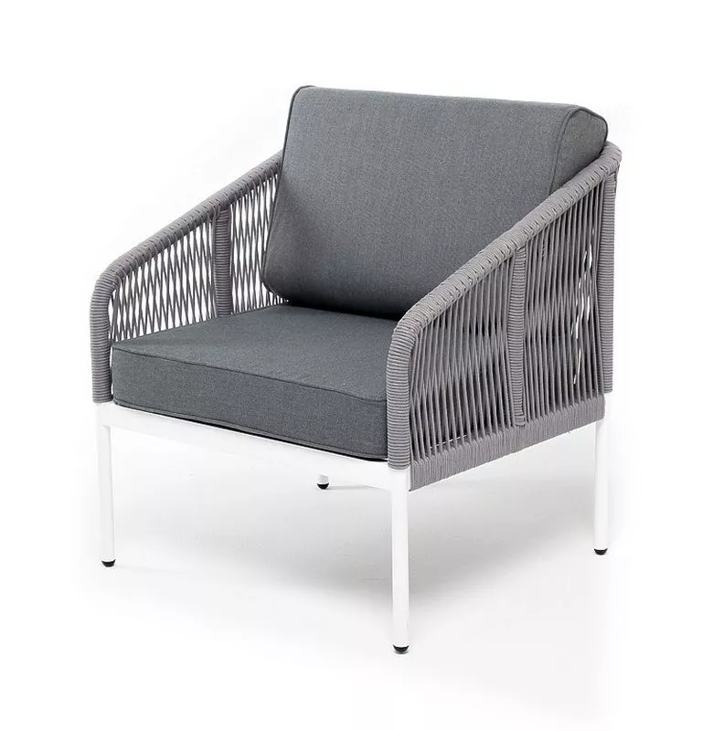 "Канны" кресло плетеное из роупа, каркас алюминий серый (RAL7022) муар, роуп серый круглый, ткань серая 017
