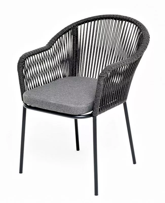 "Лион" стул плетеный из роупа, каркас алюминий темно-серый (RAL7024) шагрень, роуп темно-серый круглый, ткань темно-серая 019