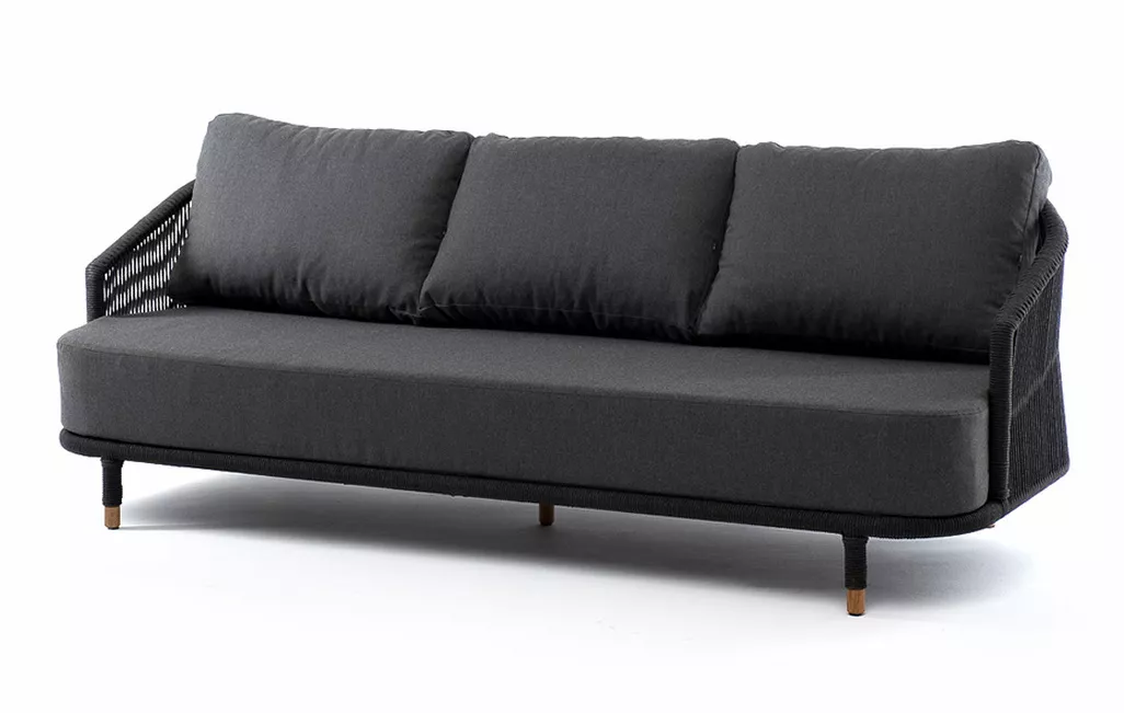 "Верона" диван 3-местный плетеный из роупа, каркас алюминий темно-серый (RAL7024) шагрень, роуп темно-серый круглый, ткань темно-серая