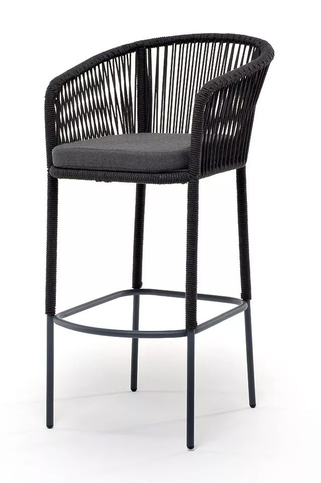 "Марсель" стул барный плетеный из роупа, каркас из стали темно-серый (RAL7024) шагрень, роуп темно-серый круглый, ткань темно-серая 027