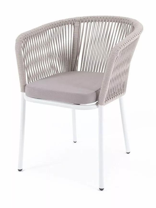 "Марсель" стул плетеный из роупа, каркас алюминий белый, роуп коричневый круглый, ткань бежевая